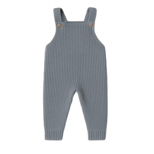 Ribstrikket baby-overall i støvet blå med træknapper – babytøj NeliNord